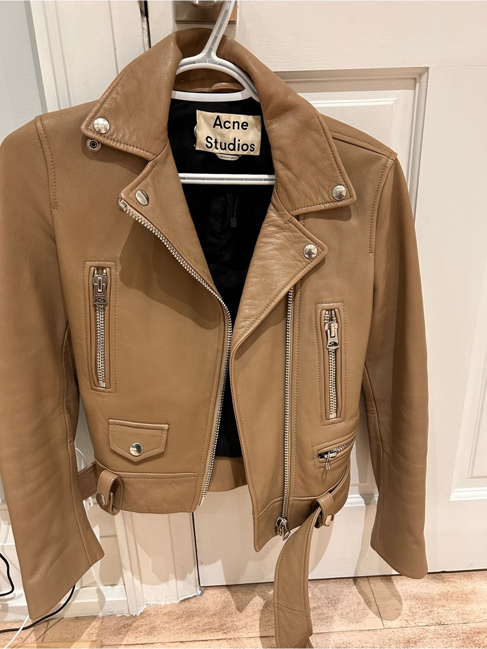 Acne Studios Tan Leather Moto Jacket with Belt